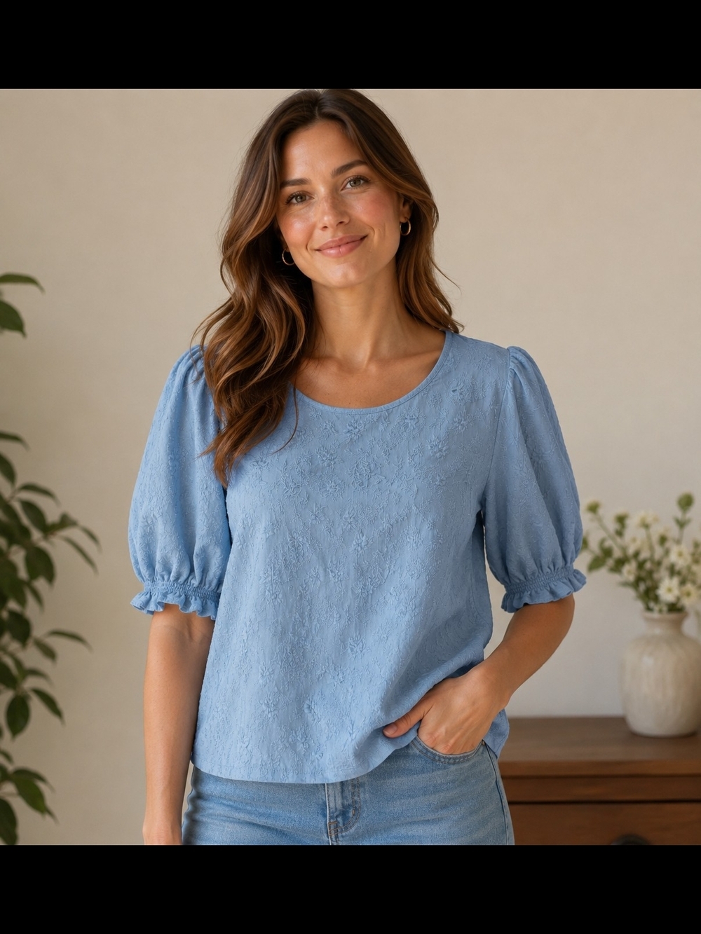 Ted Baker Light Blue Puff Sleeve Blouse with textured floral